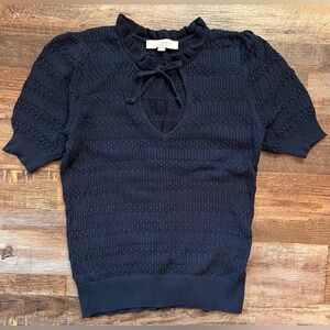 LOFT Navy Textured Knit Short Puff Sleeve Top